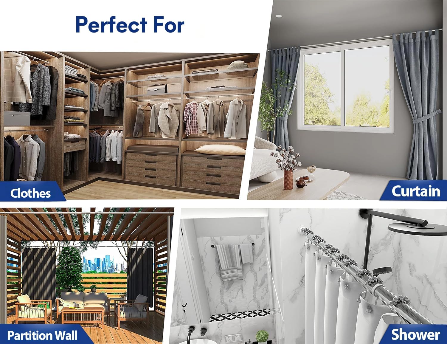 MEISENBERG Shower Curtain Rail Stainless Steel Silver, Tension Rods for Curtains 160-210 cm - Ø 32 mm Diameter, Heavy Duty Tension Pole No Drill