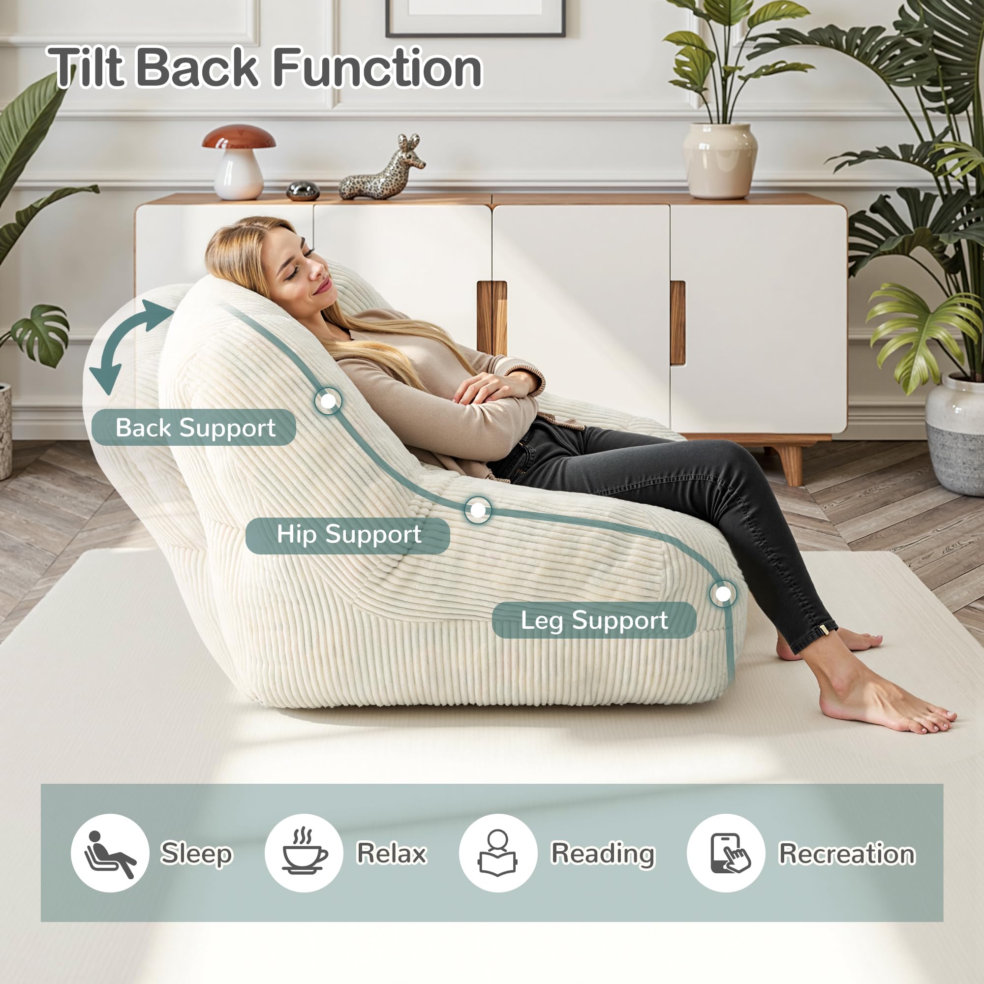 Pamapic Bean Bag, Single Bean Bag Chair with Filling Included, Beanbag Adult with Portable Handle, Comfy Sofa with Tilt Back Function