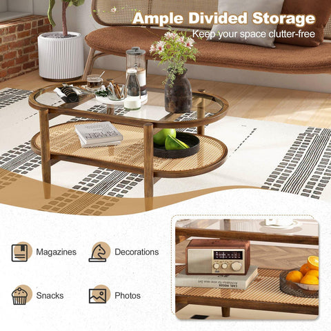CASART Coffee Table, 2-Tier Tempered Glass Tea Table with Acacia Wood Frame & Rattan Storage Shelf
