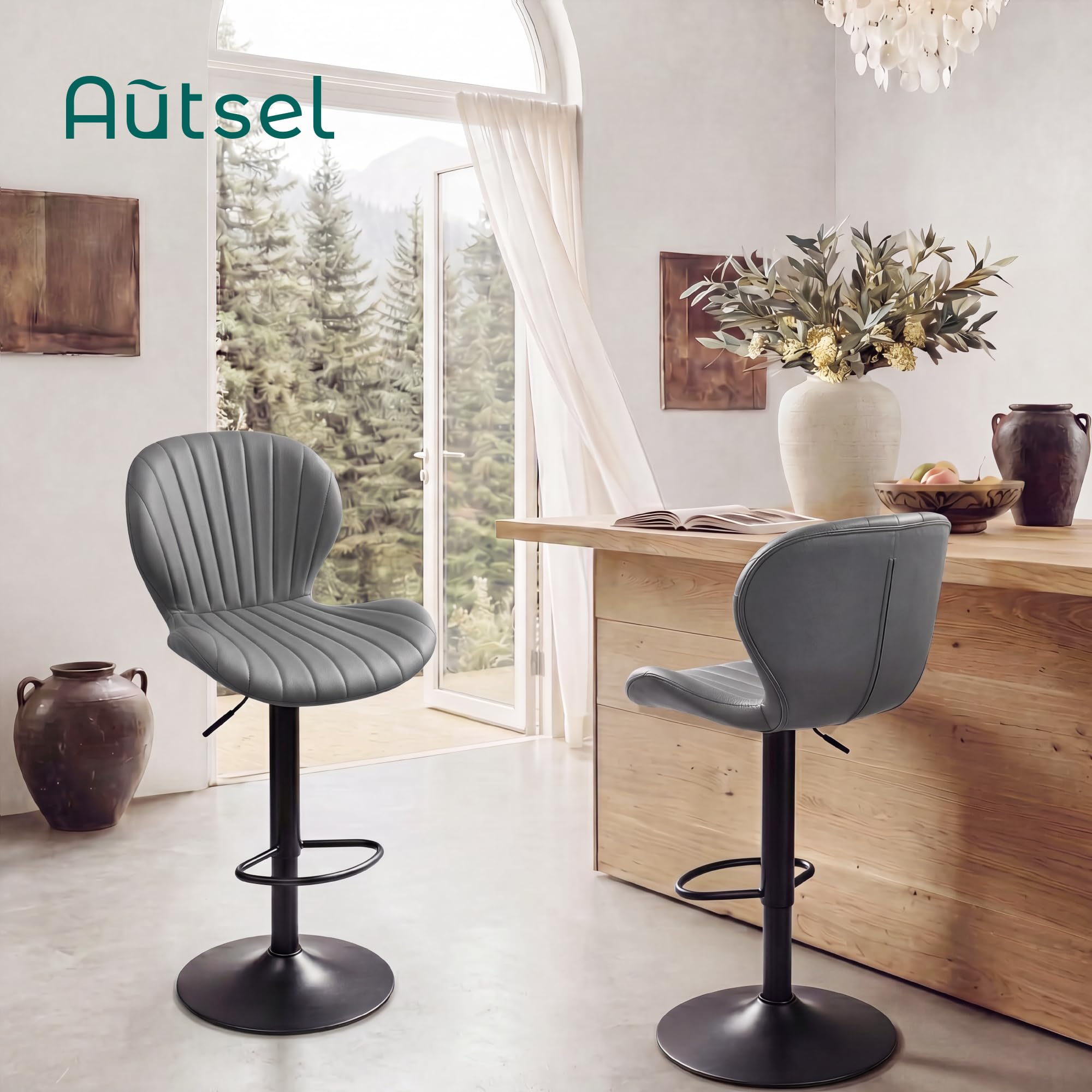 Bar Stools Set of 2, 360°Swivel Bar Chairs, Kitchen Dining Stools, Grey