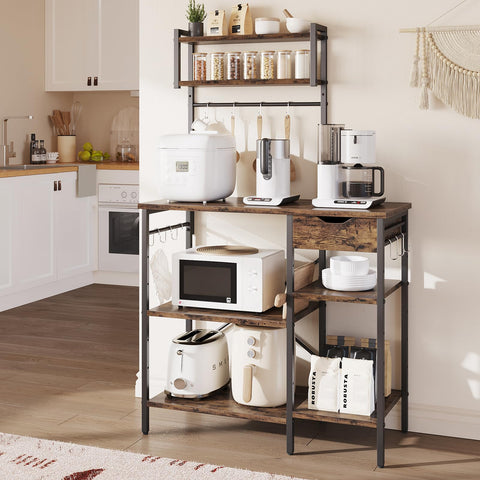 Bestier Microwave Oven Rack, 90cm Large Microwave Oven Kitchen Rack with 2 Height-Adjustable and Removable Shelves, High Load-Bearing Design, Drawers