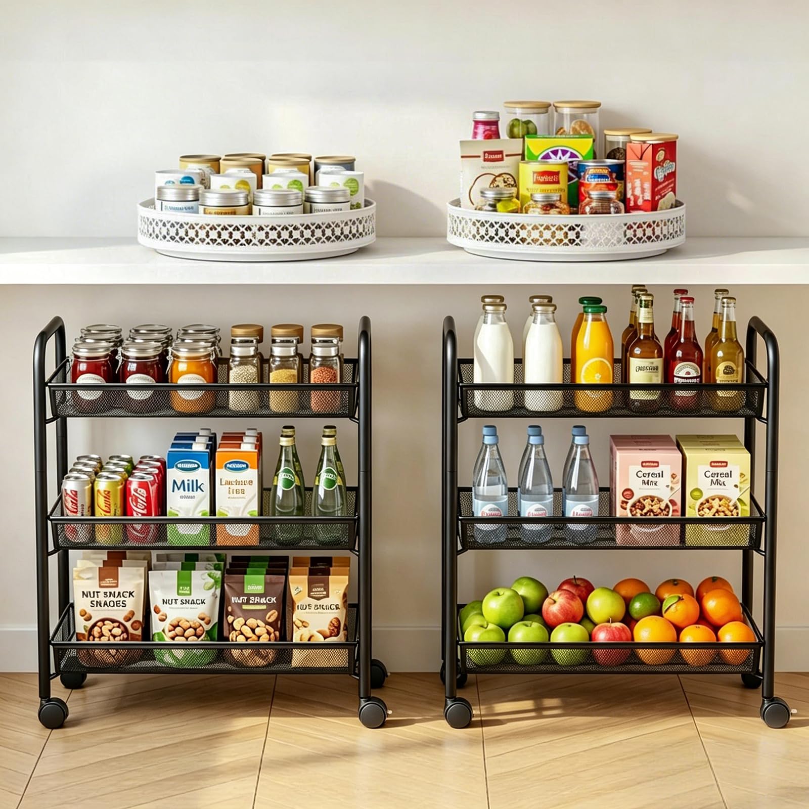 OVICAR Kitchen Trolley:Rolling Utility Cart Basket Stand for Kitchen & Bathroom, Full Metal Storage Art Trolley Carts with Wheels & 4 Side Hooks