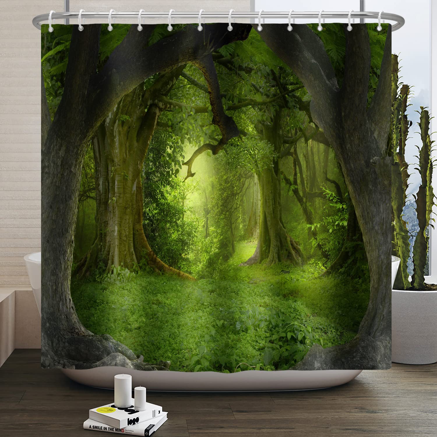 SDOTPMT 180x180cm Magic Forest Shower Curtain Fairytale Fantasy Jungle Tree Green Plant Grassland Bath Curtain Natural Landscape Bathtub Curtain for