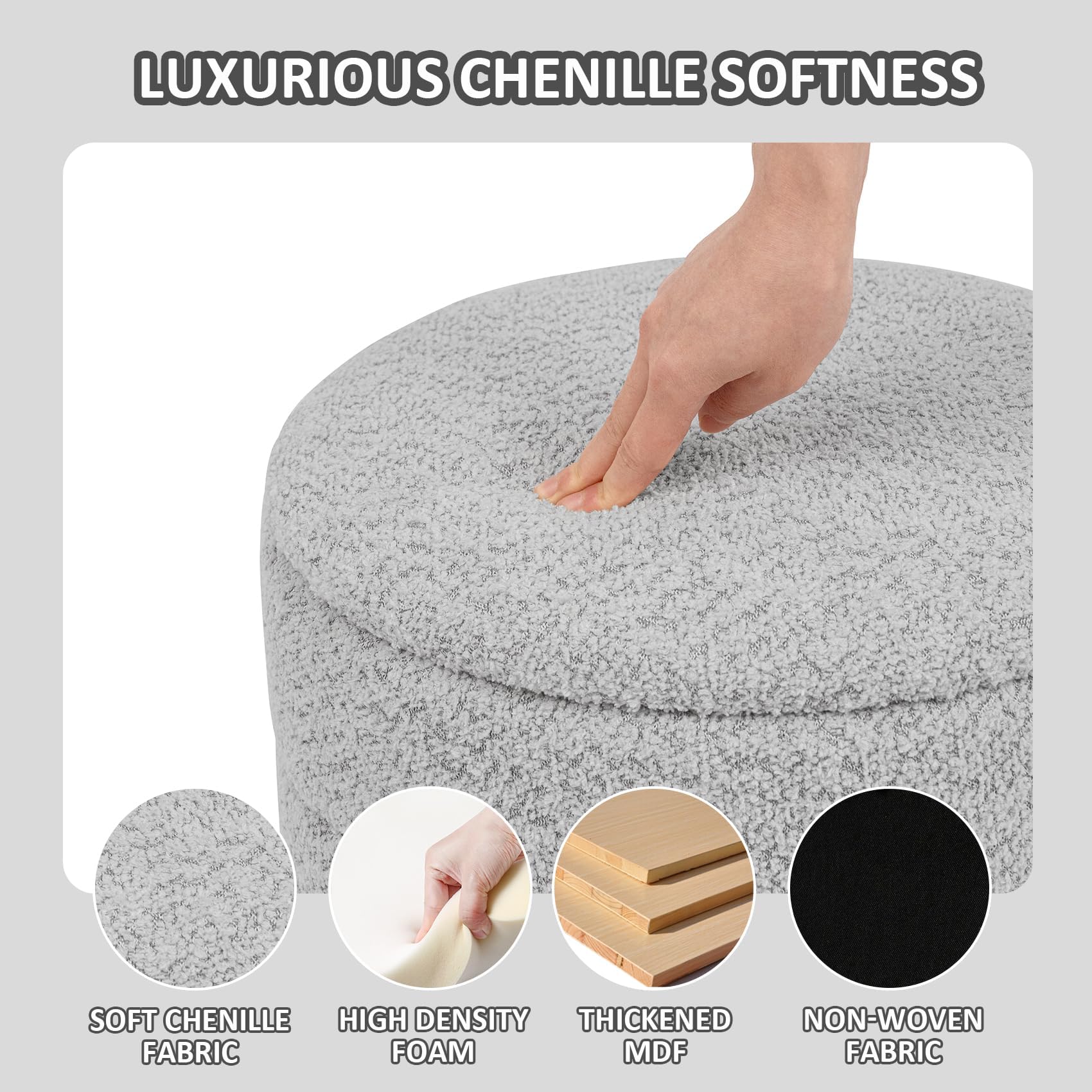 PINPLUS Round Chenille Storage Ottoman, Tray Top, 58x58x44 cm, Silver Grey