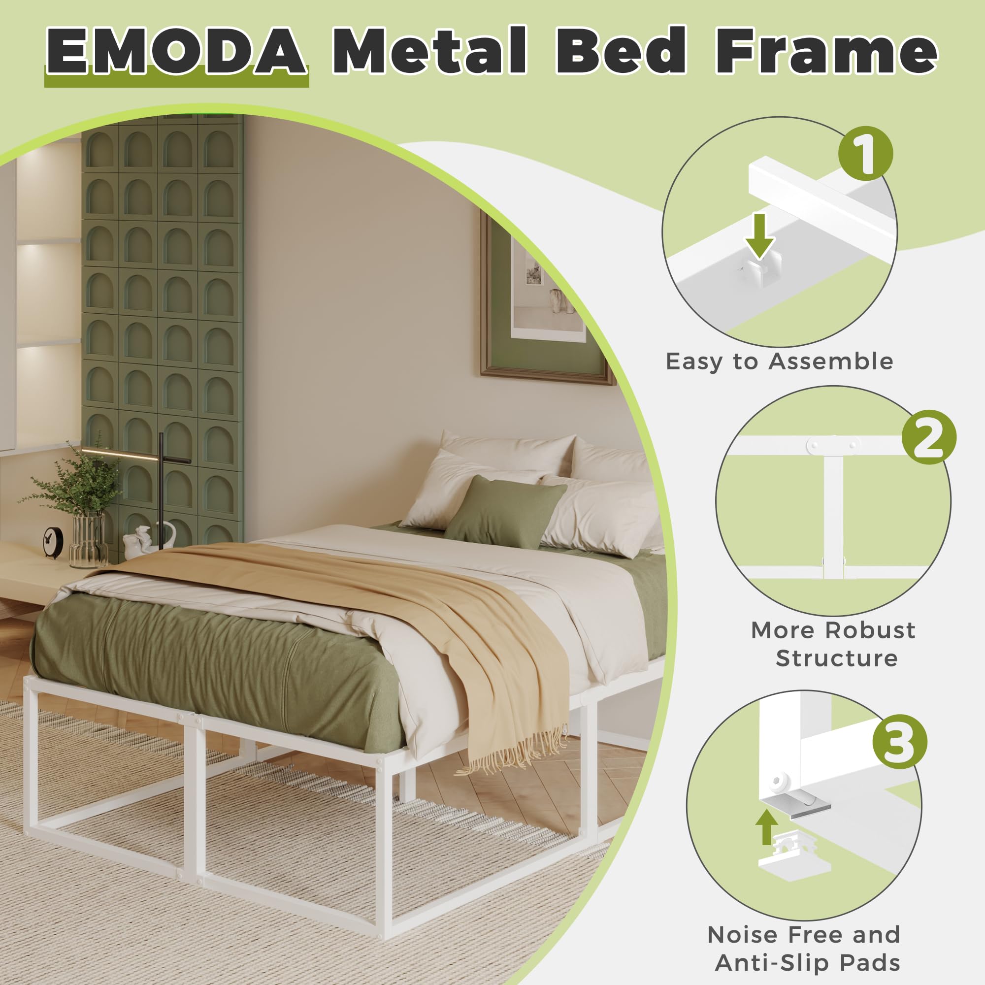 EMODA 46 cm High Metal Bed Frame 150x190 cm, White