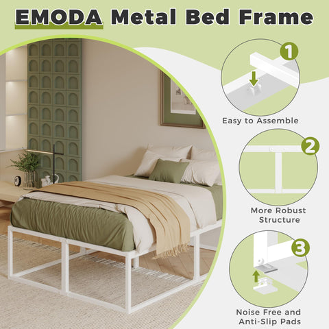 EMODA 46 cm High Metal Bed Frame 160x200 cm, White