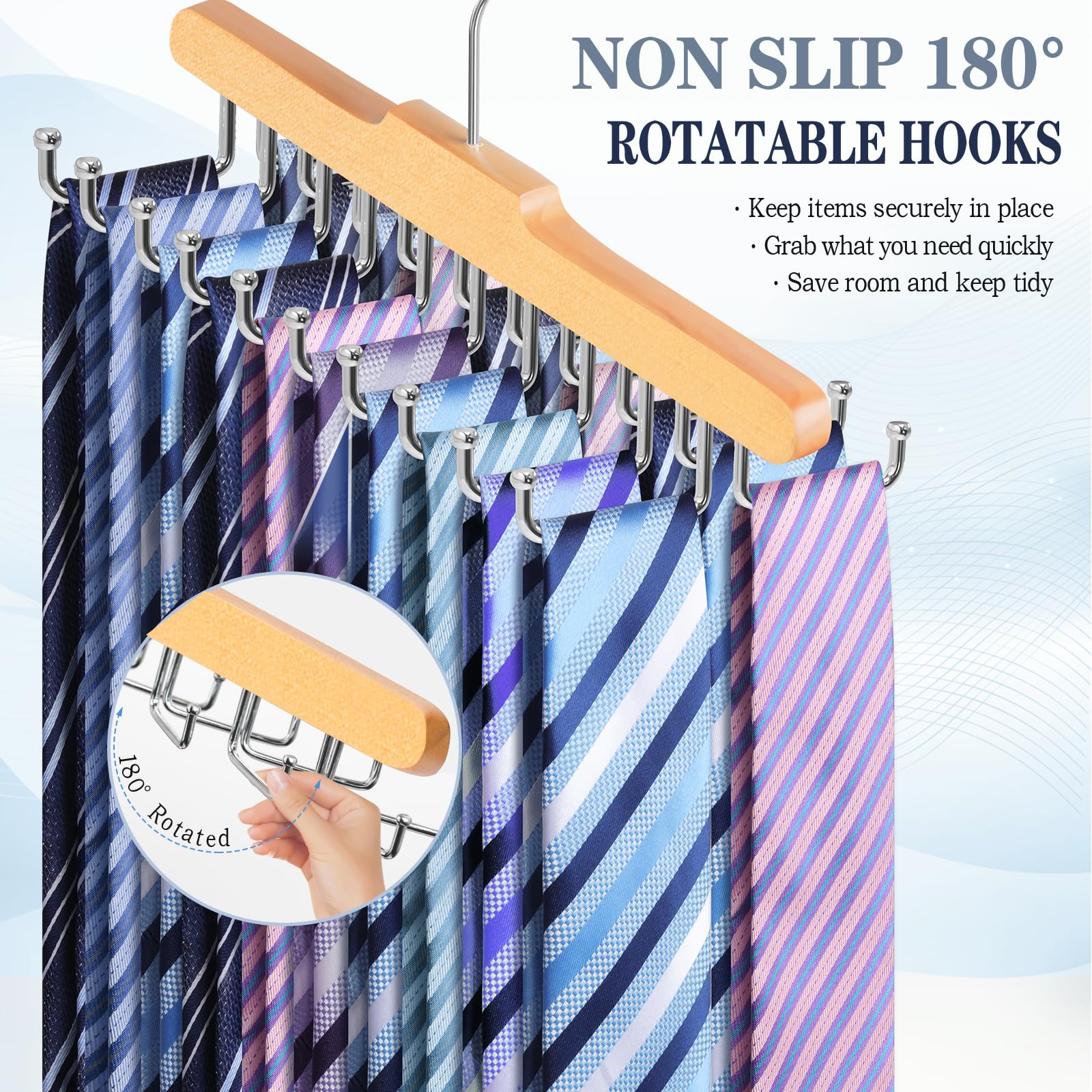Tie Rack Hanger for Wardrobe, Upgraded Belt Hanger for Men, Wood, 2 Pack