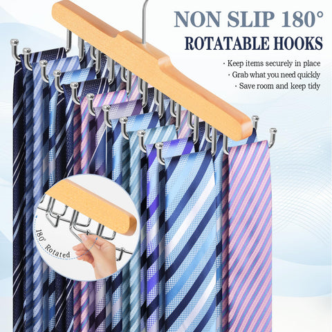 Tie Rack Hanger for Wardrobe, Upgraded Belt Hanger for Men, Wood, 2 Pack