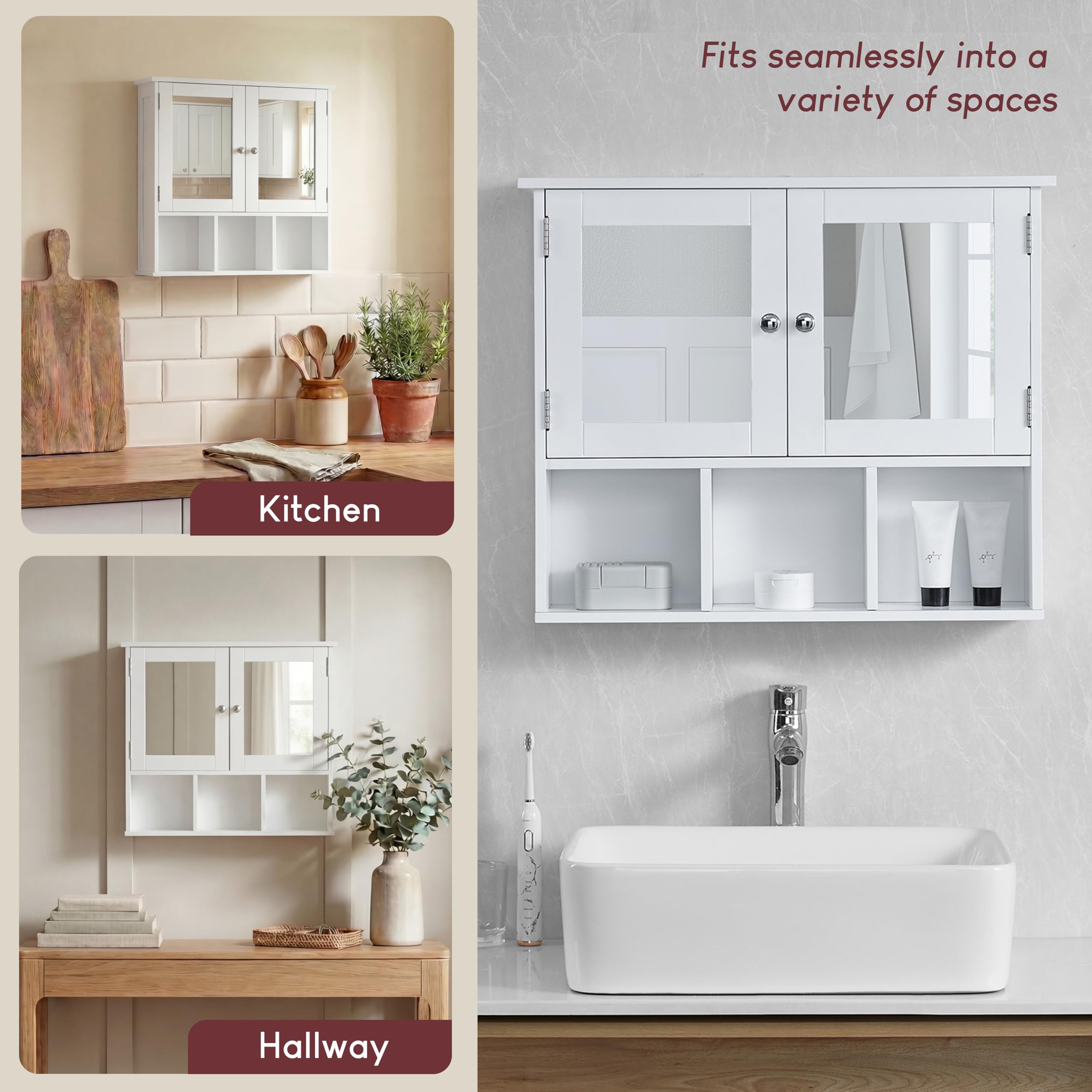 Bath Vida Priano Double Door Mirrored Bathroom Cabinet Storage Shelves Wall Mounted, White