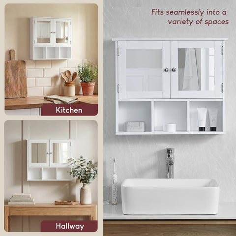 Bath Vida Priano Double Door Mirrored Bathroom Cabinet Storage Shelves Wall Mounted, White