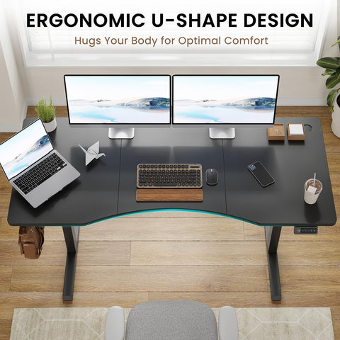 Farini U-Shaped Ergonomic Electric Standing Desk, 140x60cm, Height Adjustable Sit to Stand Desk with Memory Keypad & Headphone Hook for Home and