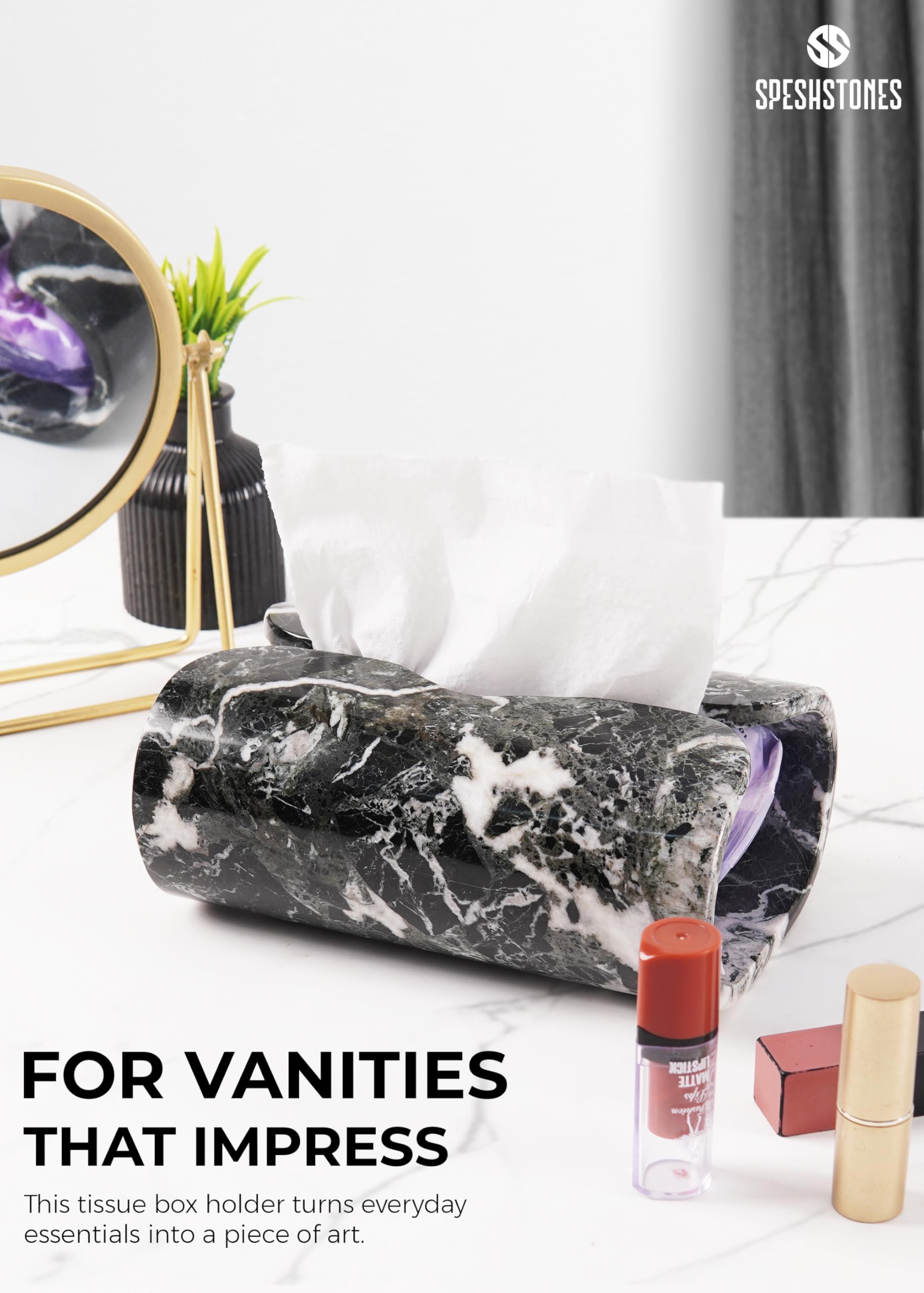 SPESHSTONES Marble Tissue Box Cover 7.5 Inch Rectangle Black Stone Holder for Facial Tissues and Paper Napkin