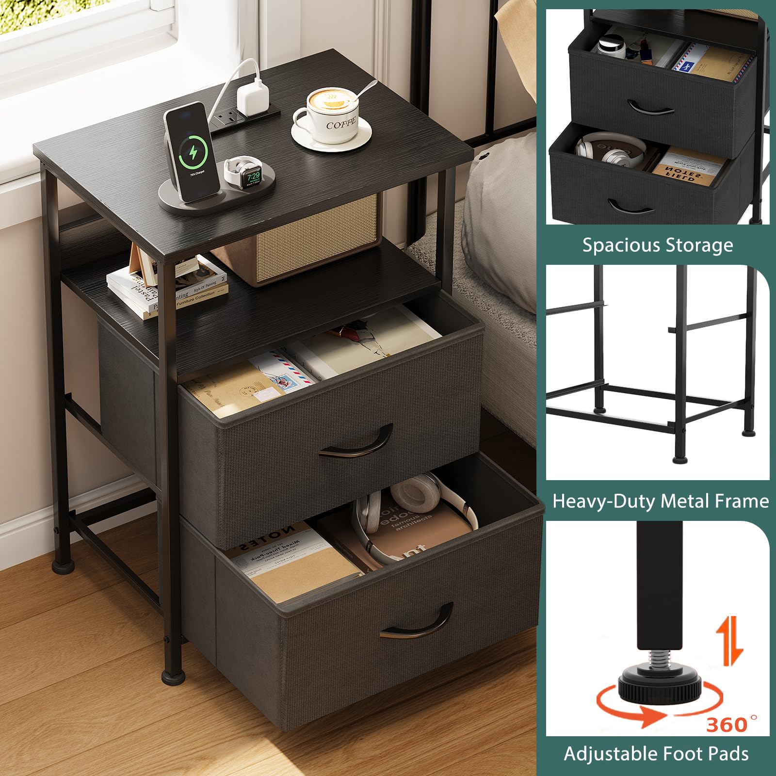 Flrrtenv Bedside Table with Charging Station, Smart Beside Cabinet, Nightstand with 2 Fabric Drawers & LED Light