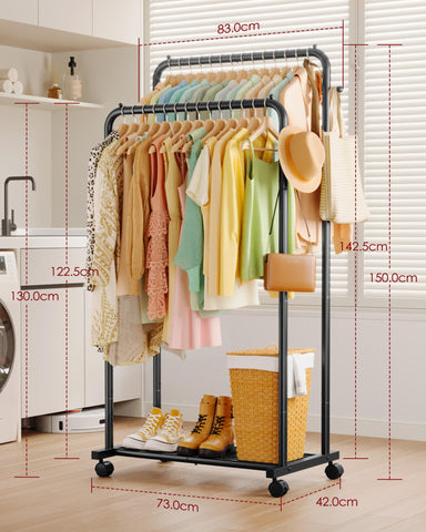 Sakugi Double Rod Clothing Rack Shoe Shelf & Hooks, 73x42x150cm, Black