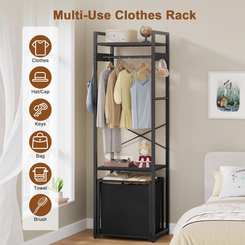 Hoctieon Open Wardrobe Clothes Rail, Garment Rack with Removable 35L Fabric Storage Basket & Tier Shelves, Freestanding Coat Stand for Hallway