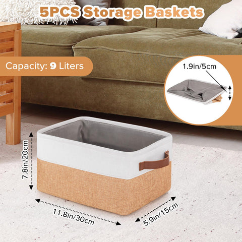 5 Pack Foldable Storage Bins with Handles, Natural Canvas Fabric Box Organizer for Shelves, Ideal for Clothes, Toys, Home Office Supplies (30x20x15cm)