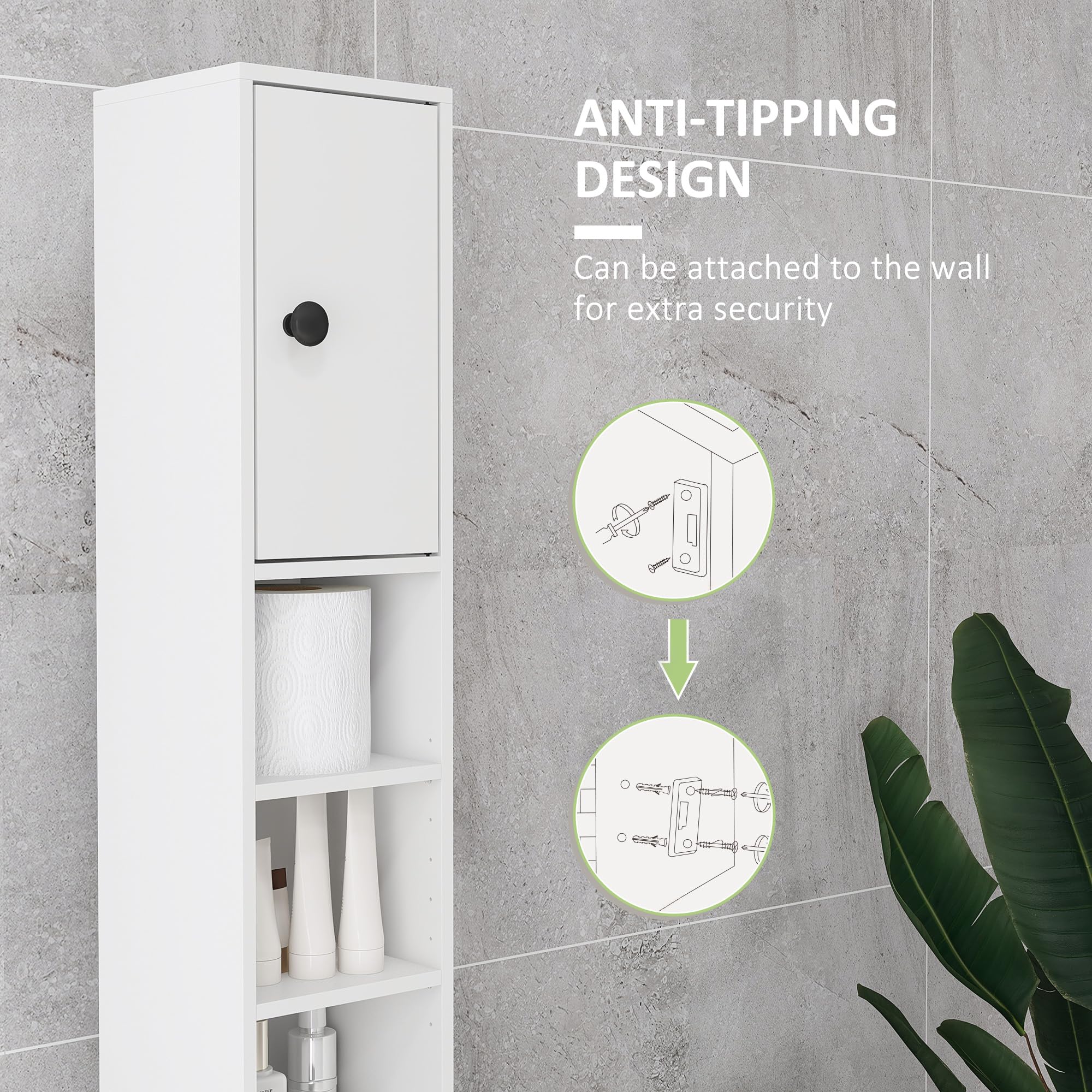 kleankin 180cm Tall Bathroom Cabinet, Slim, 4 Open Shelves, White