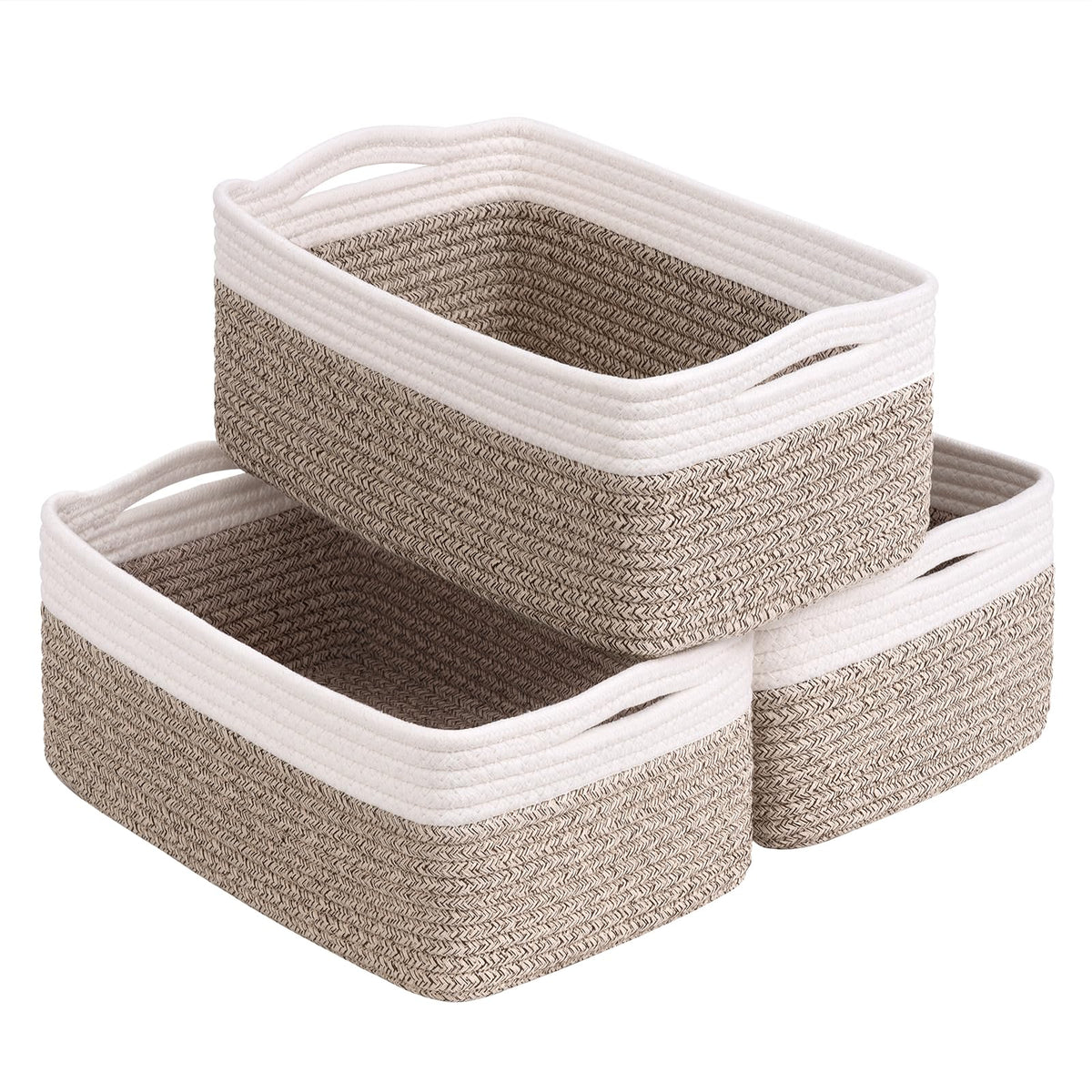 TIMEYARD 3 Pack Woven Rope Storage Basket Shelf Basket White Brown