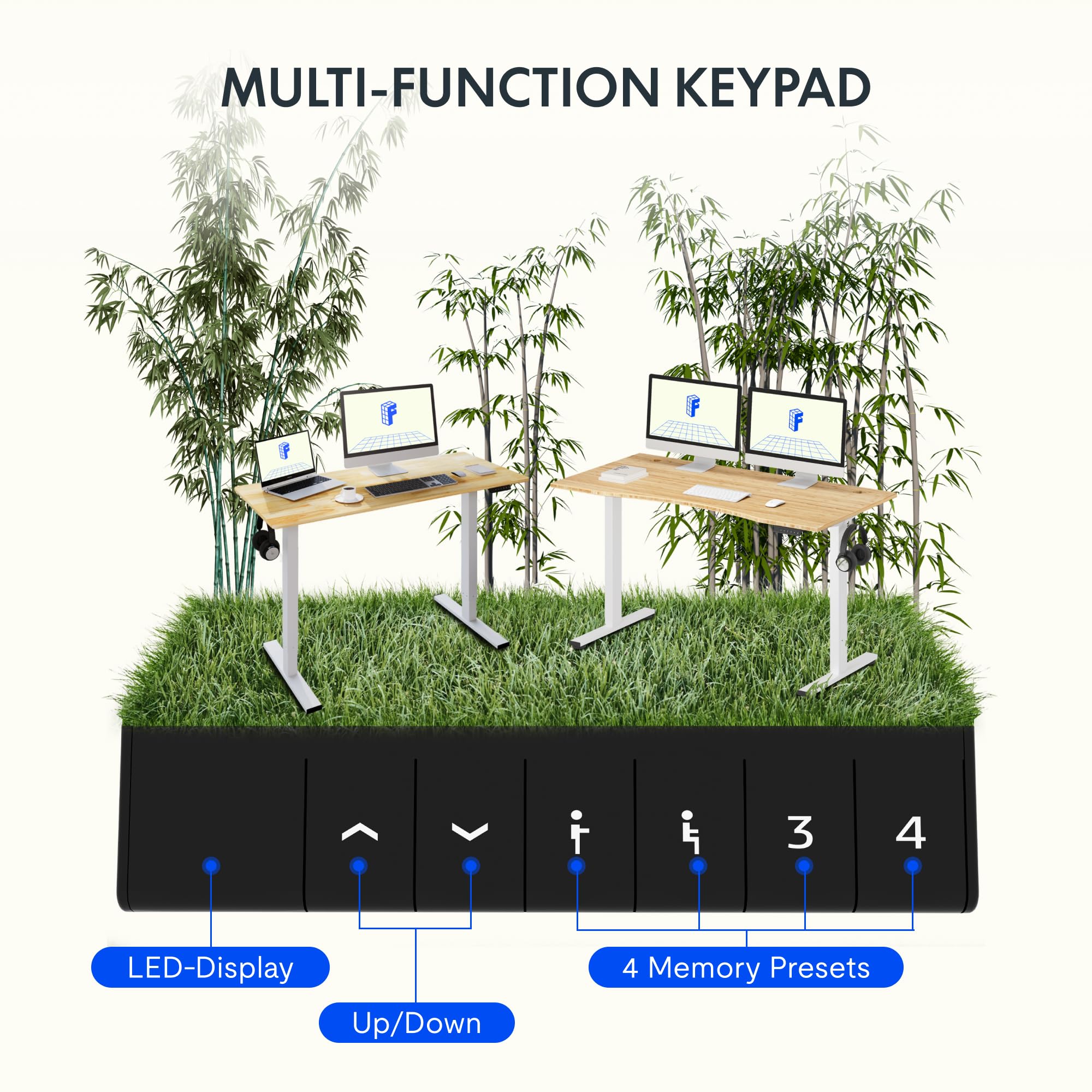 FLEXISPOT ONE PIECE Electric Standing Desk, Height Adjustable Ergonomic Stand up with Backpack Hook, Cup Holder and 4 Memory Preset, 110x54cm Maple