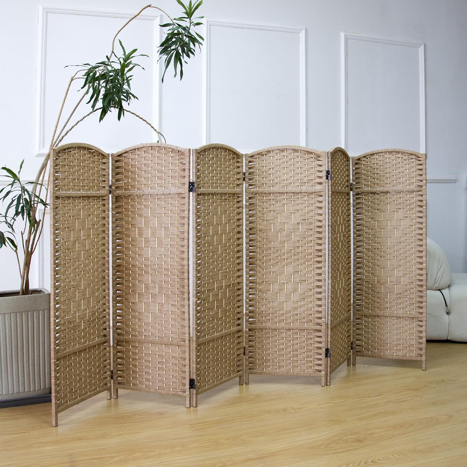 Furnnylane 6 Panel Light Brown Rattan Divider Short Room Partition Screen,Double Sided Short Folding Divider for Room Separation,120 cm Tall