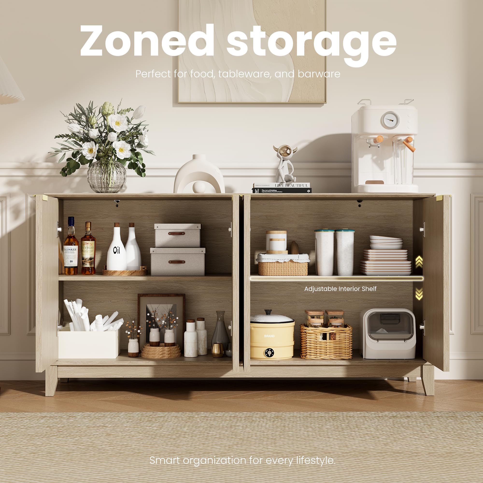 COLAMY Sideboard Cabinet, Wooden Sideboard Cabinet with 4 Doors, Textured Design, Adjustable Shelves, Soft Close Hinges