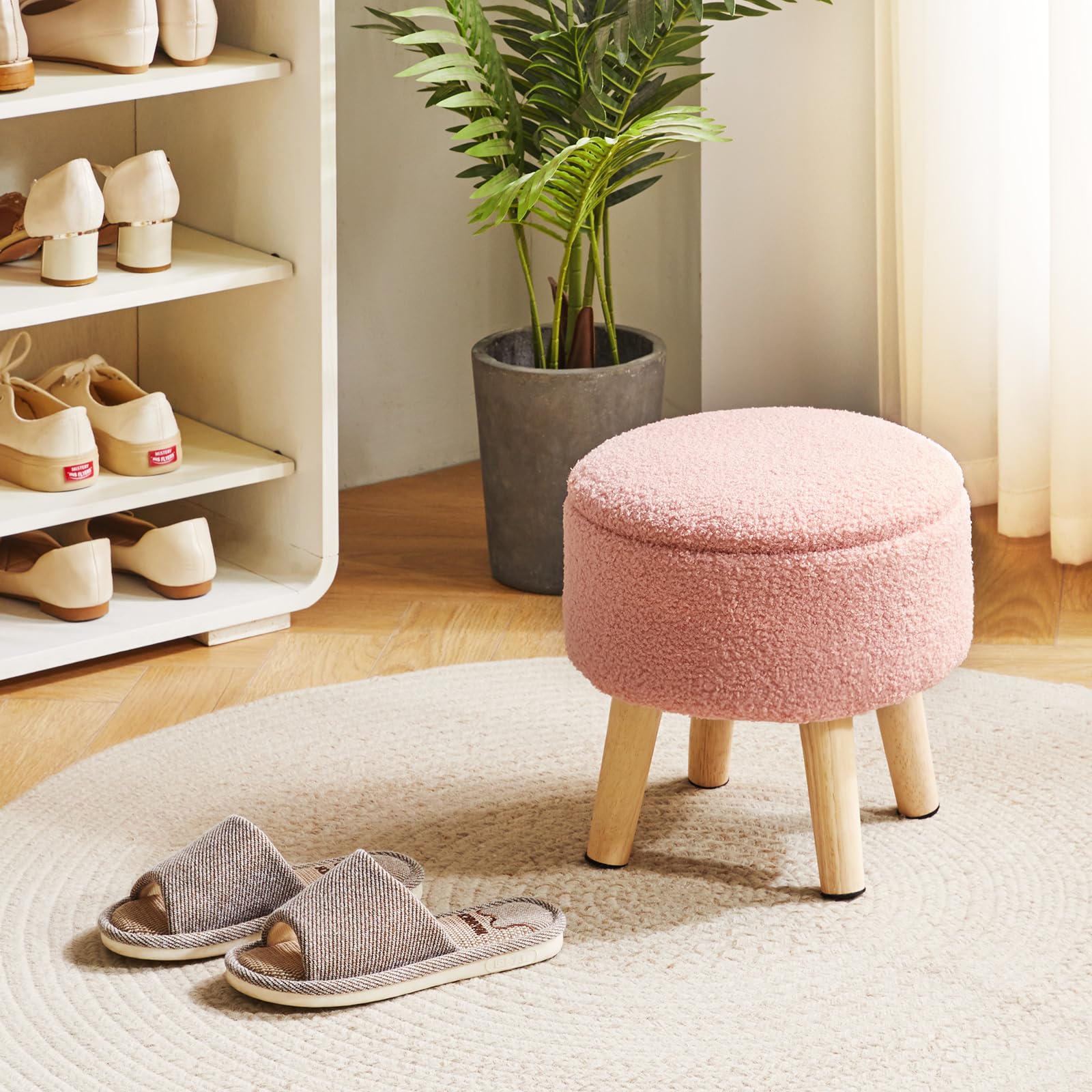 IBUYKE 13 Inch Small Footstool Ottoman with Storage, Round Pouffe Foot Rest with Padded Seat and Wood Legs