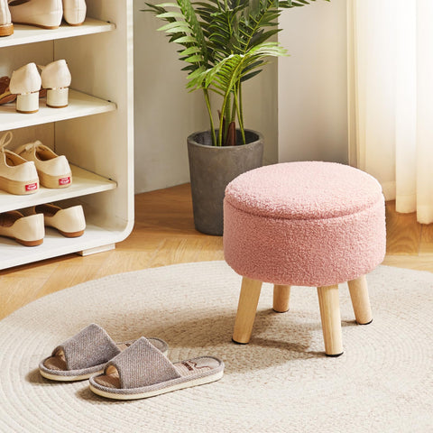 IBUYKE 13 Inch Small Footstool Ottoman with Storage, Round Pouffe Foot Rest with Padded Seat and Wood Legs