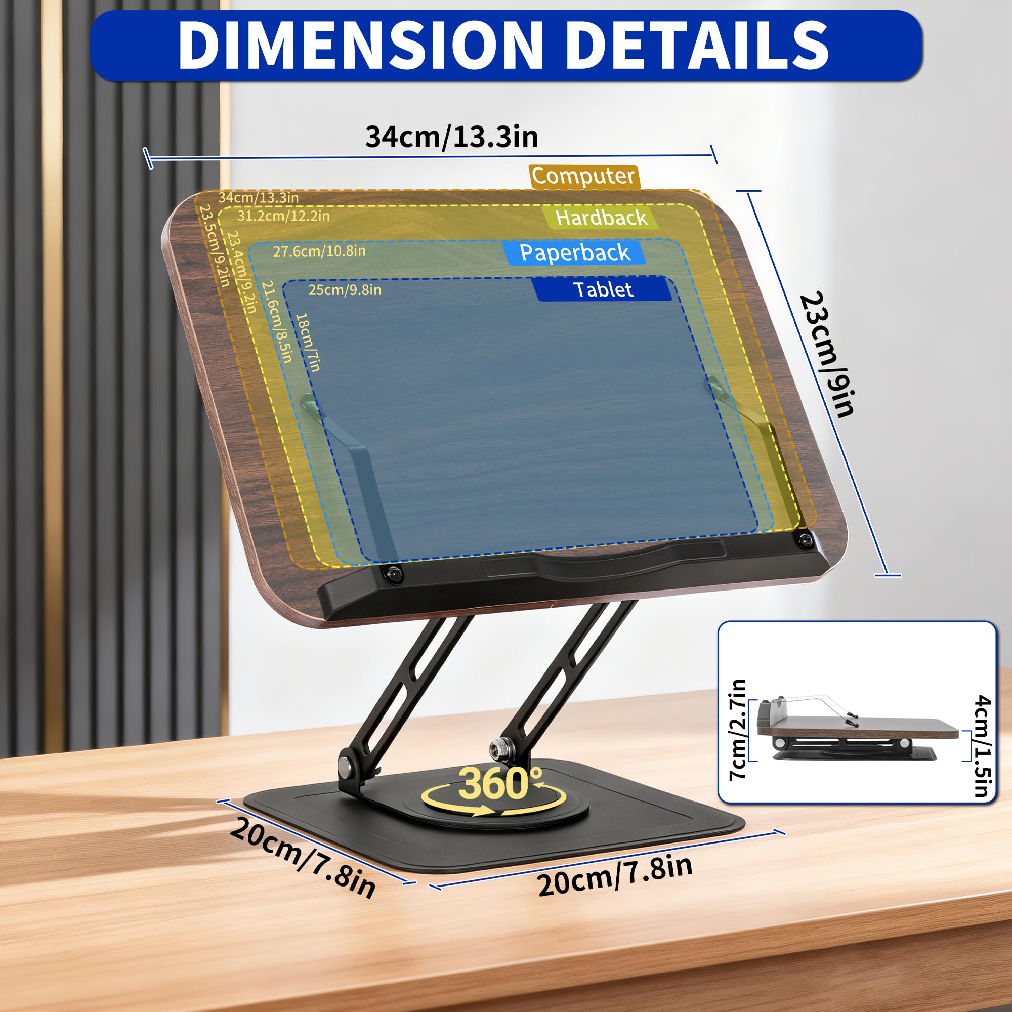FREEAMG Book Stand for Reading, Adjustable Book Stand with 360° Swivel Base