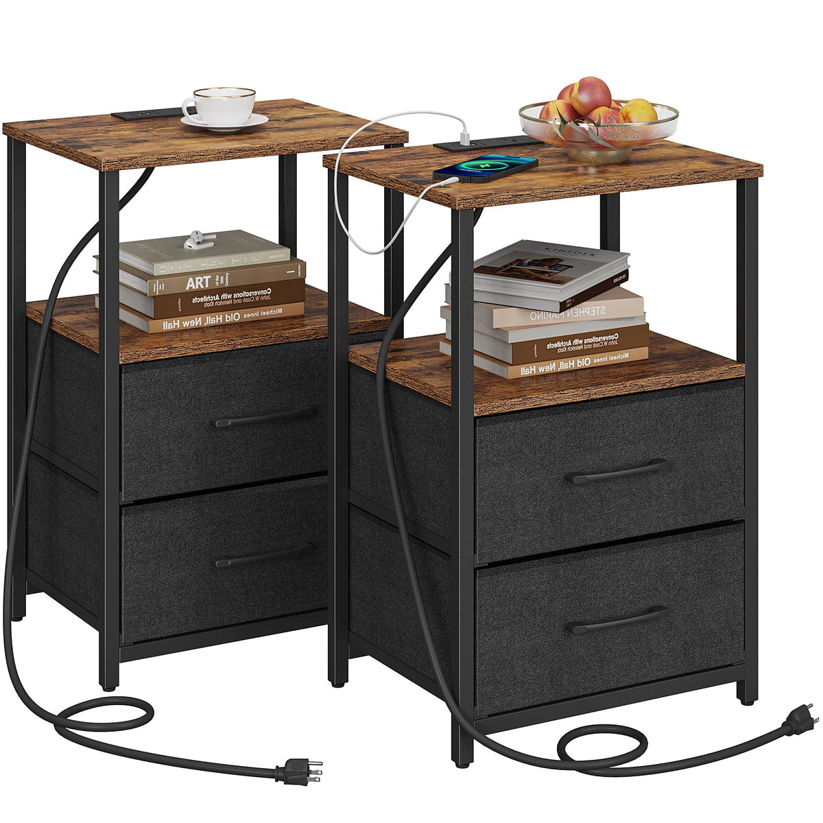TUTOTAK Bedside Table with Charging Station, Side Table with 2 USB Ports and Outlets, Nightstand with Cloth Drawer, Set of 2, End Table