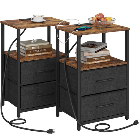 TUTOTAK Bedside Table with Charging Station, Side Table with 2 USB Ports and Outlets, Nightstand with Cloth Drawer, Set of 2, End Table