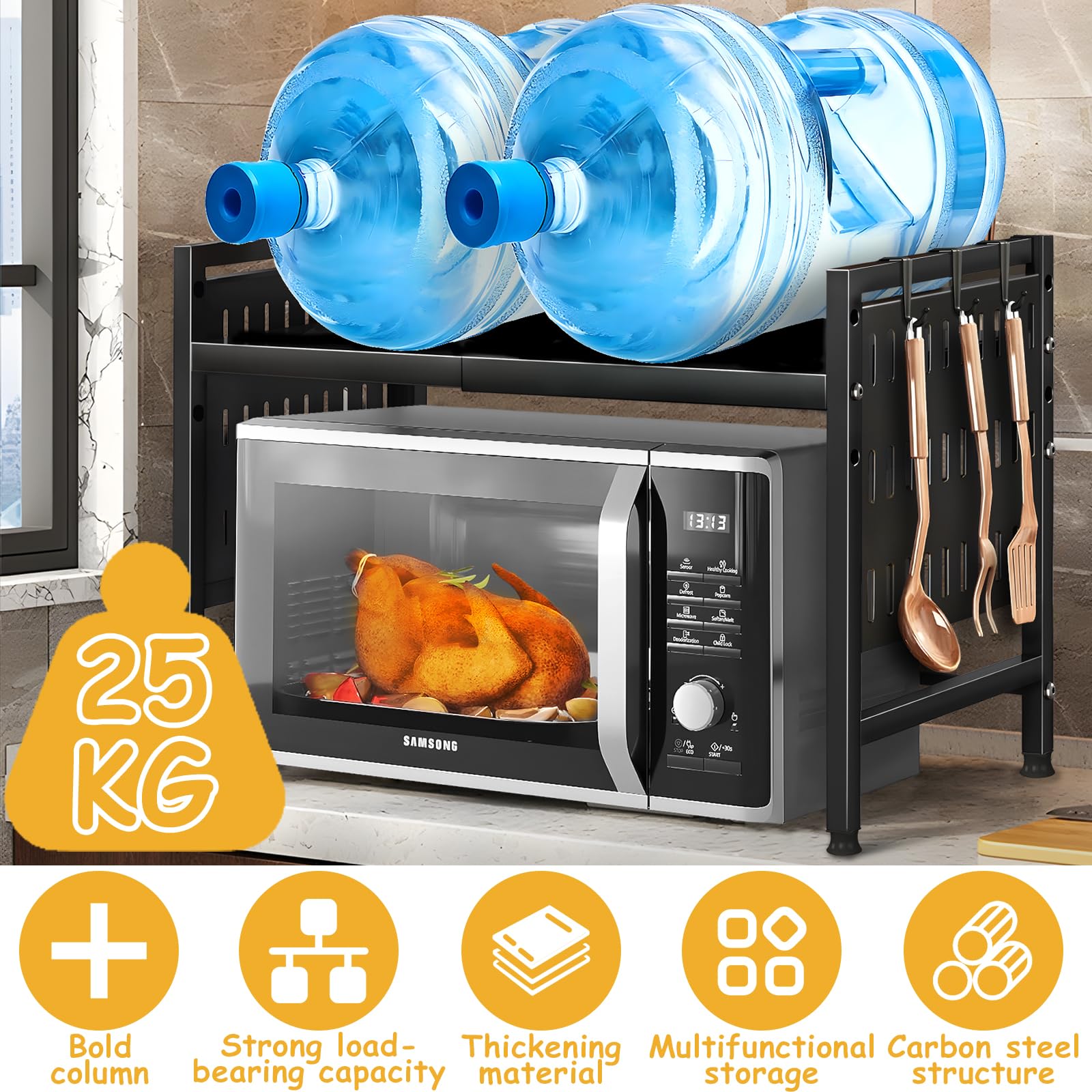 2-Tier Expandable Microwave Shelf, Adjustable Microwave Shelf with Knife Holder, 6 Hooks, Microwave Holder Made of Carbon Steel, Flexible