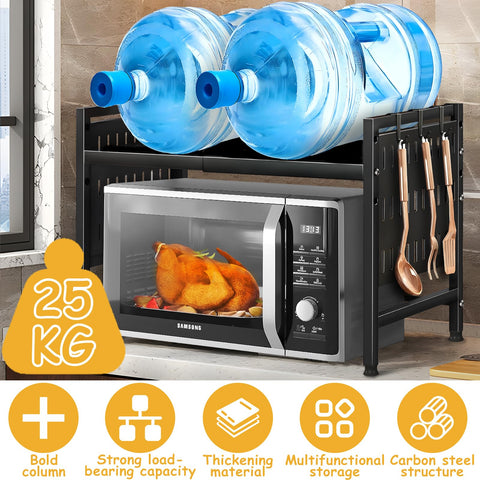 2-Tier Expandable Microwave Shelf, Adjustable Microwave Shelf with Knife Holder, 6 Hooks, Microwave Holder Made of Carbon Steel, Flexible