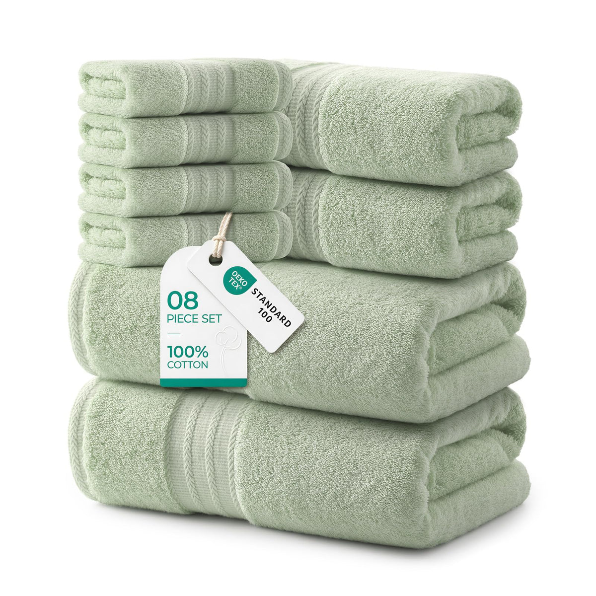 REDKISS 8 Piece Sage Green Towels Set with Hanging Loop-Quick Drying & Soft
