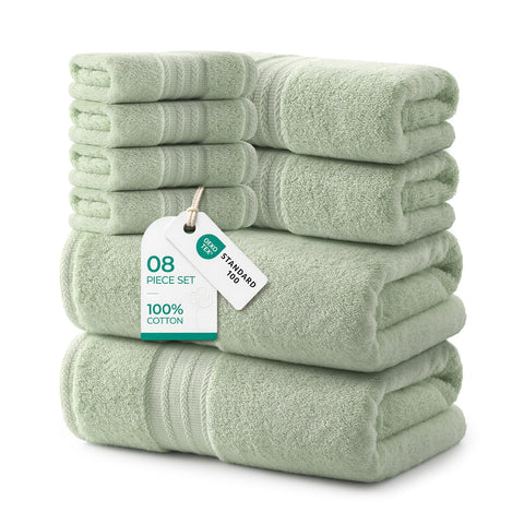 REDKISS 8 Piece Sage Green Towels Set with Hanging Loop-Quick Drying & Soft