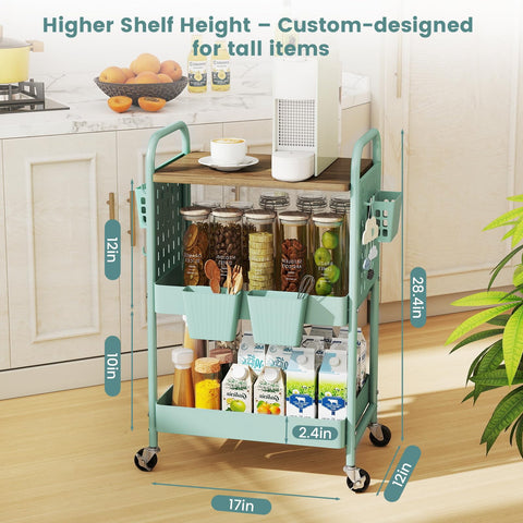 danpinera 3 Tier Rolling Cart, Metal Utility Cart with Wooden Table Top & DIY Pegboard, Rolling Carts