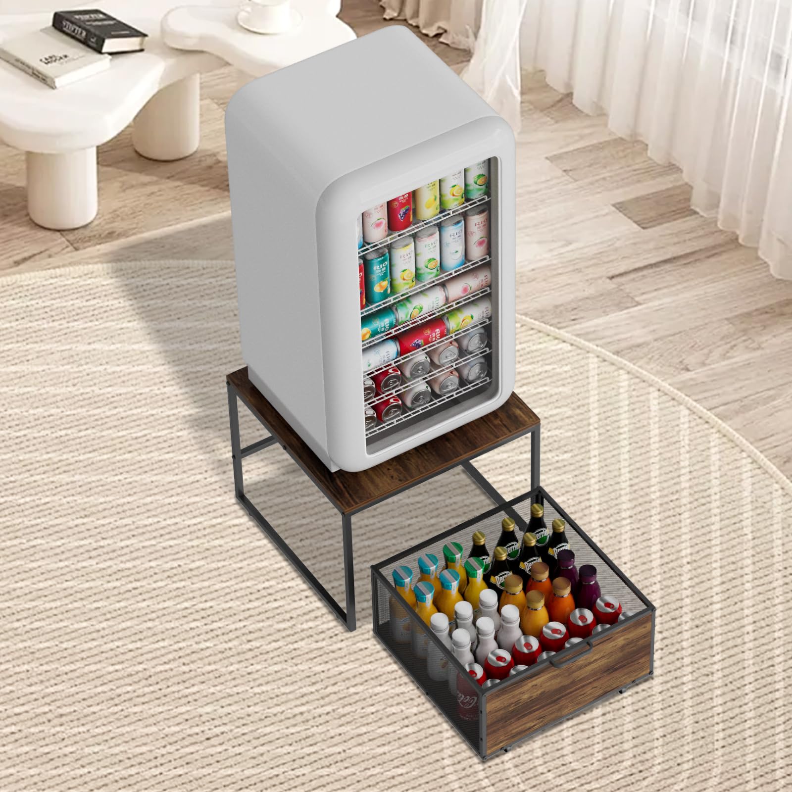 VyGrow Fridge Stand with Storage and Wheels, Heavy Duty Wooden Mini Fridge Stand with Portable Rolling Drawer Basket for Home, Kitchen, Room, Office