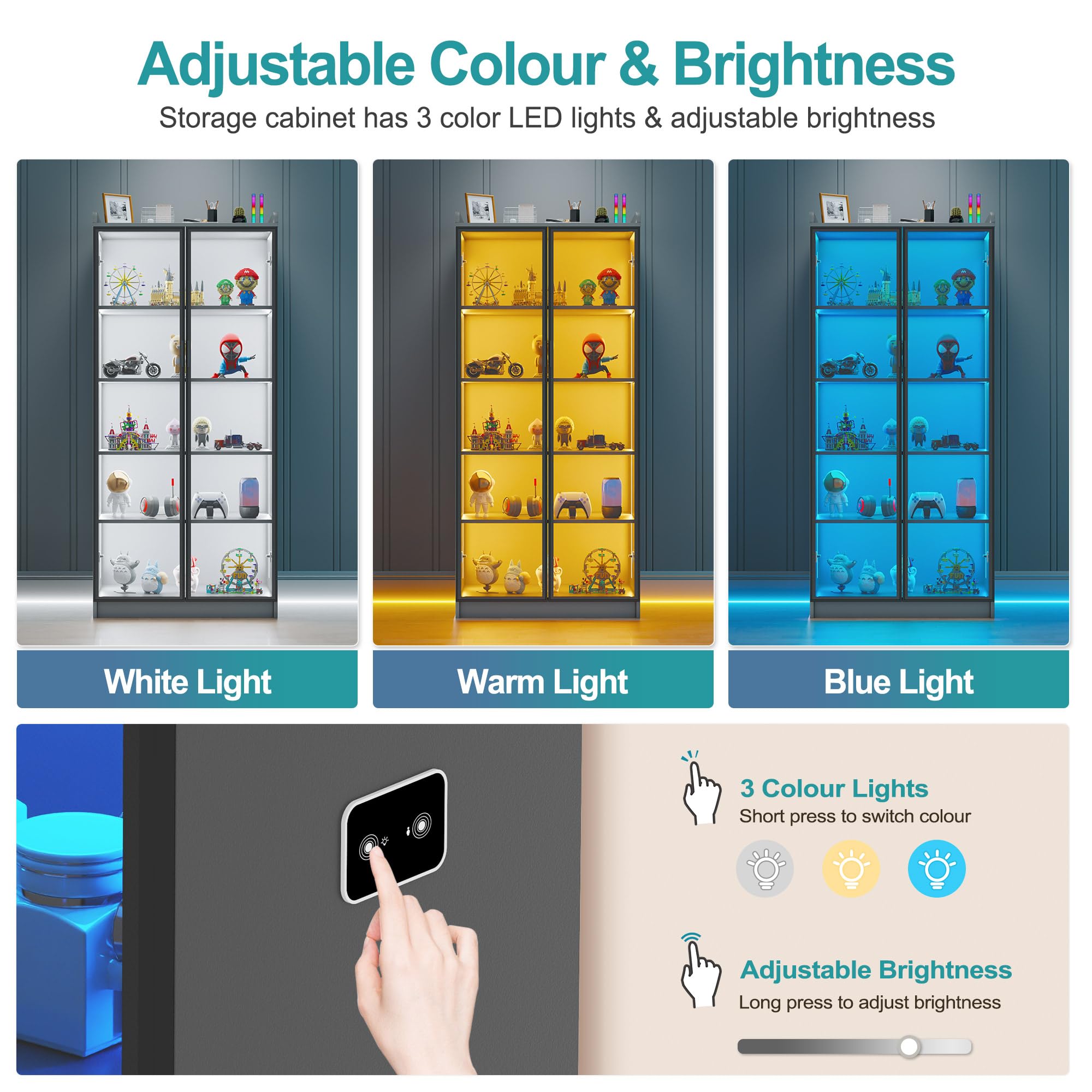 Lvifur 5-Tier Display Cabinets with LED Lights and Human Body Sensor,Grey