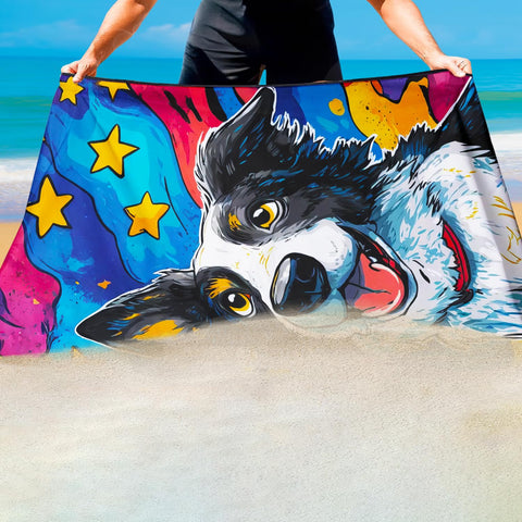 Violetpos Starry Border Collie Beach Towel for Dog Lovers, Extra Large 180x90 cm 250GSM Microfibre, Sand Free Quick Dry