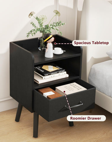 YMYNY Bedside Table Set of 2, Nightstand, Side Table, Wooden Sofa End Table with Fabric Drawer, Open Shelf, Solid Wood Legs, 39x29x63 cm, for Bedroom