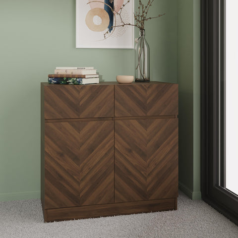 GFW Catania Compact Sideboard, Royal Walnut Storage Cabinet with 2 Drawers and 2 Doors, Herringbone Wood Grain Sideboard
