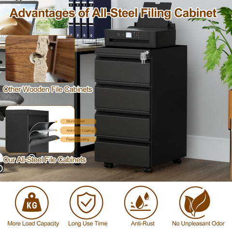 HOMSTEEL 4 Drawers File Cabinet, Metal Filing Cabinet with Lock, Mobile File Cabinet, Fully Assembled Except Casters, for Office, Home Office, Black