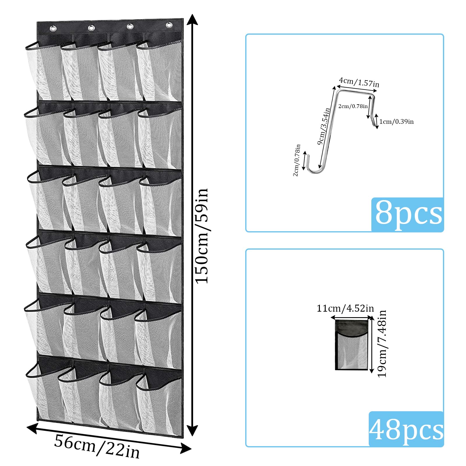 zeyedemo 2Sets Over The Door Shoe Storage Organizer 48Large Pockets Hanging Shoe Organizer with 8 Duty Metal Hooks Back of The Door Foldable