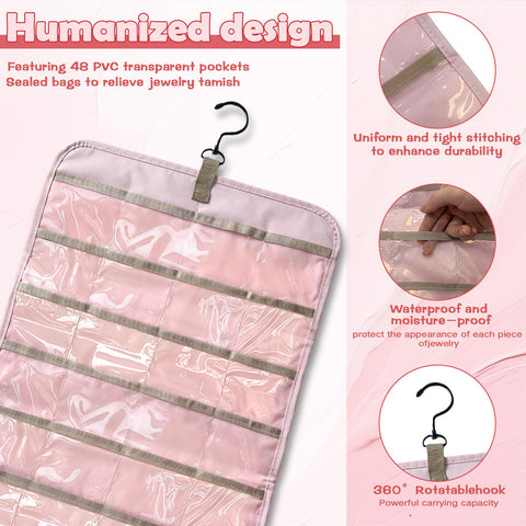 Jewelry Organizer Hanging, Dual-sided Hanging Jewelry Organizer Holder with Metal Hooks, 36 Pockets 3 Wave-Shaped Hooks