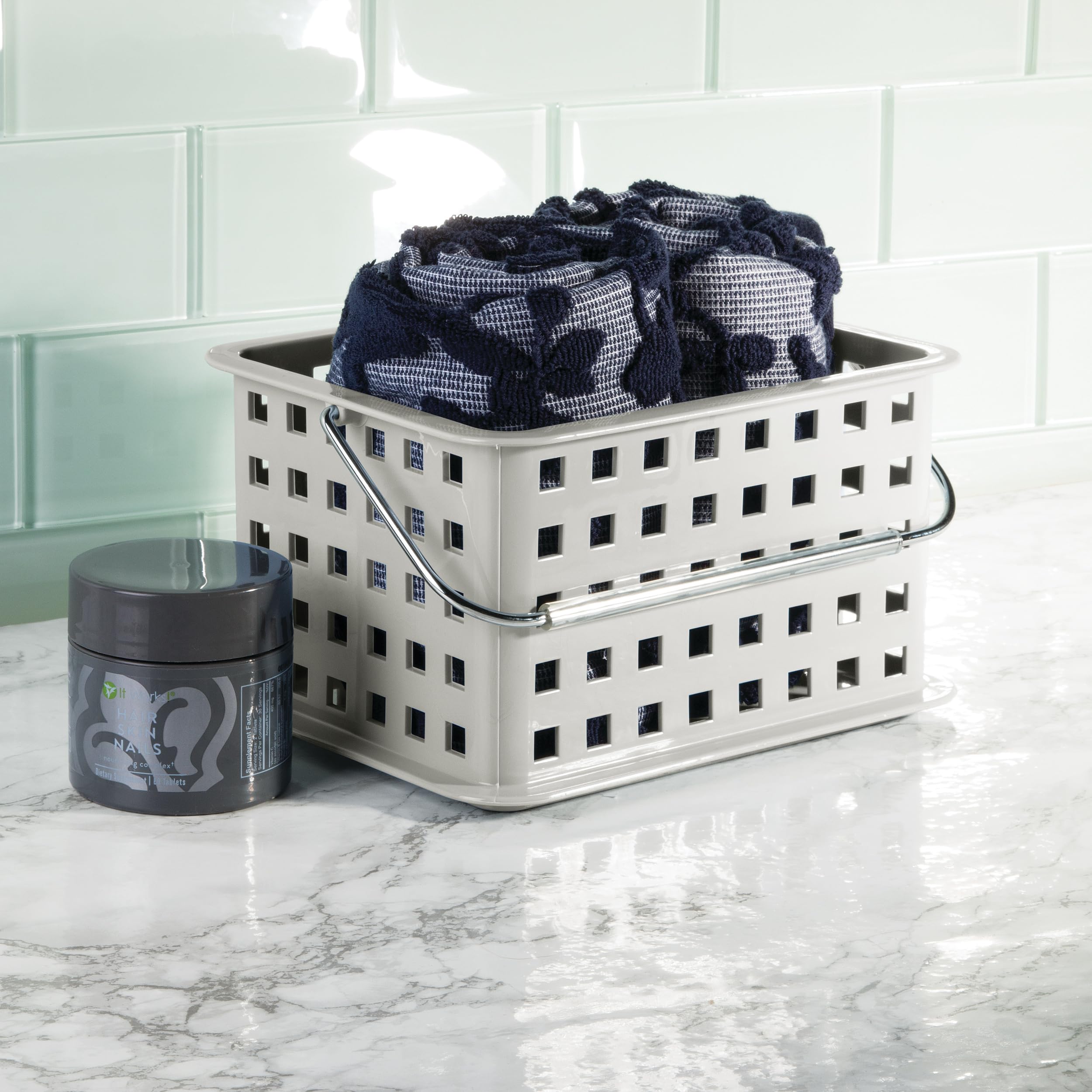 iDesign 61226 Basic Storage Basket, Small Plastic Bath Basket for Shower and Care Accessories, Light Grey