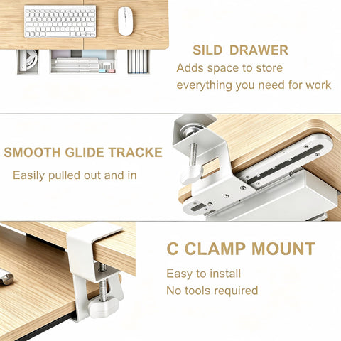 Keyboard Tray Under Desk with Drawer,26.77" X 11.81"Large Size Keyboard Tray with C Clamp-on Mount, Easy to Install, for Home Office (Maple)