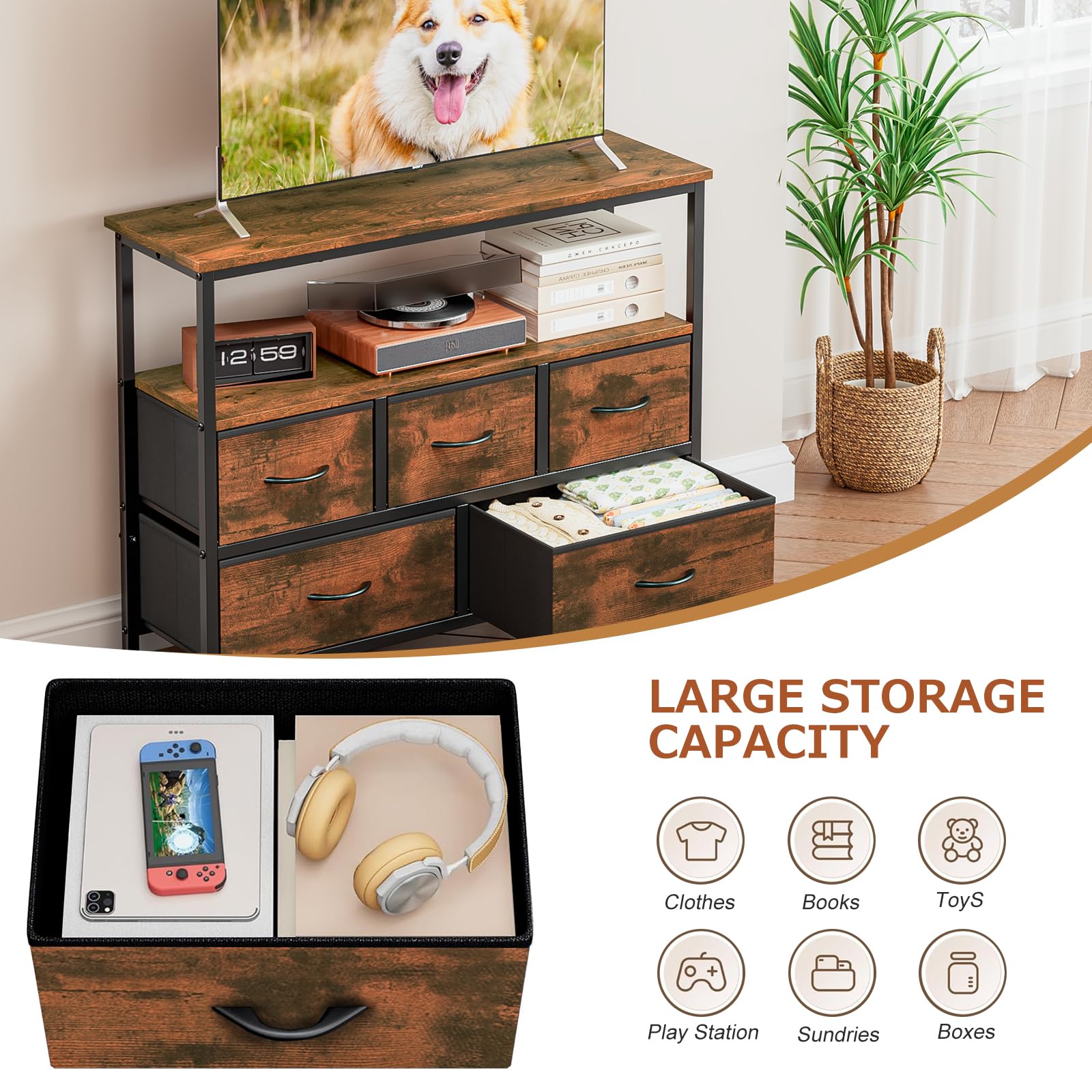 Taotigzu TV Stand with 5 Fabric Drawers,TV Cabinet for TVs up to 65”(Brown)