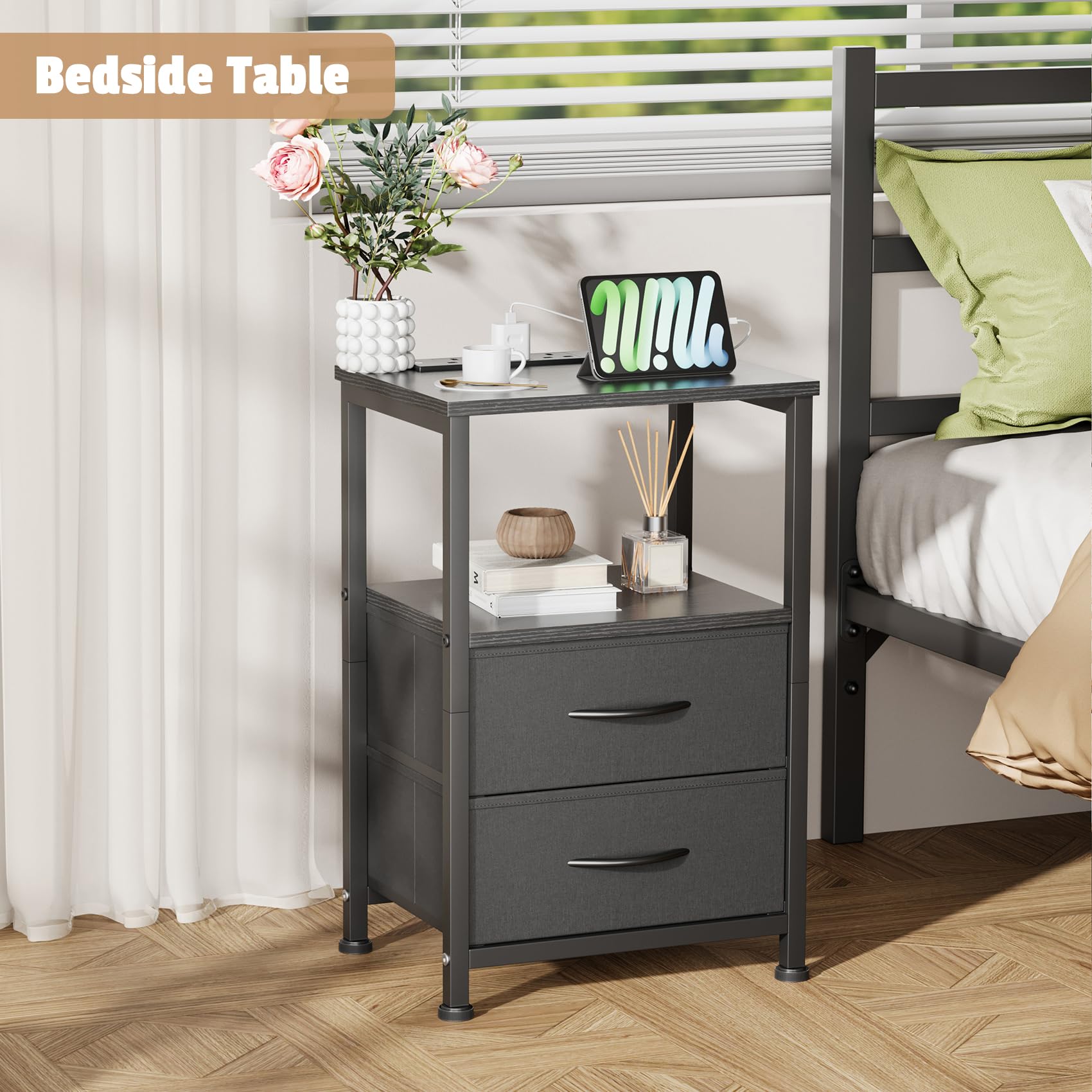 Yornoli Set of 2 Bedside Table with Charging Station 40cm Wide Bed Side Table for Bedroom with Fabric Drawers Small End Tables with Led Lights for