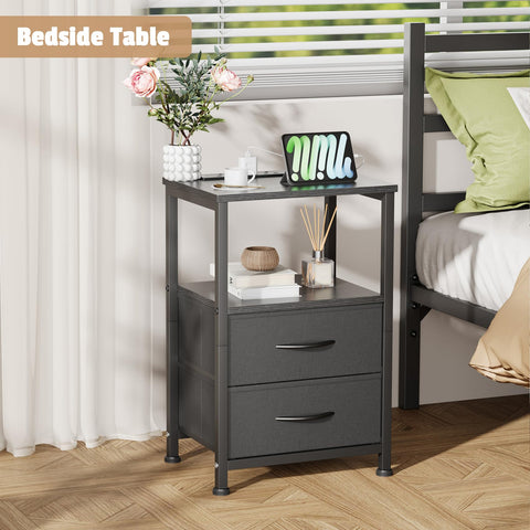 Yornoli Set of 2 Bedside Table with Charging Station 40cm Wide Bed Side Table for Bedroom with Fabric Drawers Small End Tables with Led Lights for