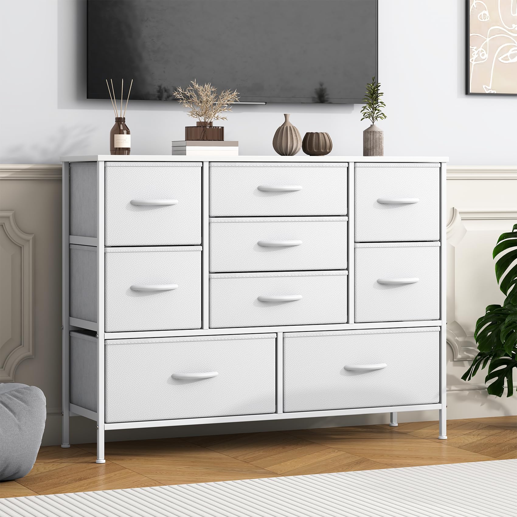 Feonase Chest of Drawers,Bedroom Dresser with 9 Fabric Drawers, Metal Frame & MDF Wood Top, Adjustable Feet, Storage Organizer Unit for Bedroom