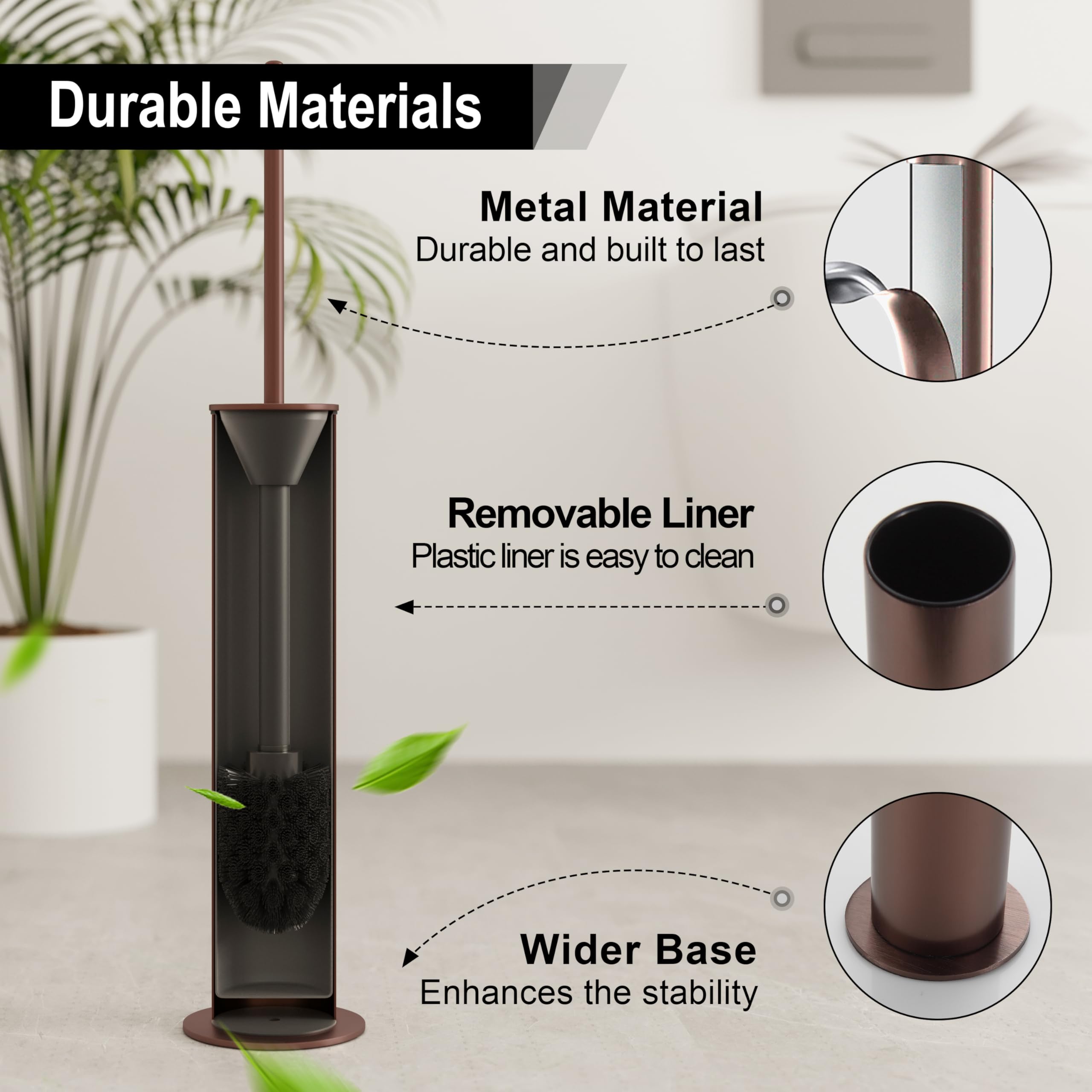 BVL Toilet Brush Rose Gold, Metal Toilet Brush Including 2 Brush Heads, Slim Design Toilet Brush Round for the Bathroom